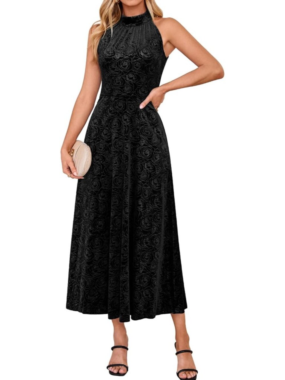 Women's Black Velvet Halter Floral Aline Sleeveless Wedding Maxi Party Dresses